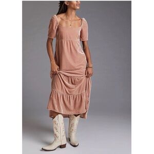 Anthropologie Rose Velvet Empire Waist Midi Dress